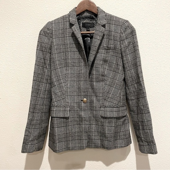 J. Crew Preppy Academy Button Up Collared Plaid White Grey Business Wool Blazer